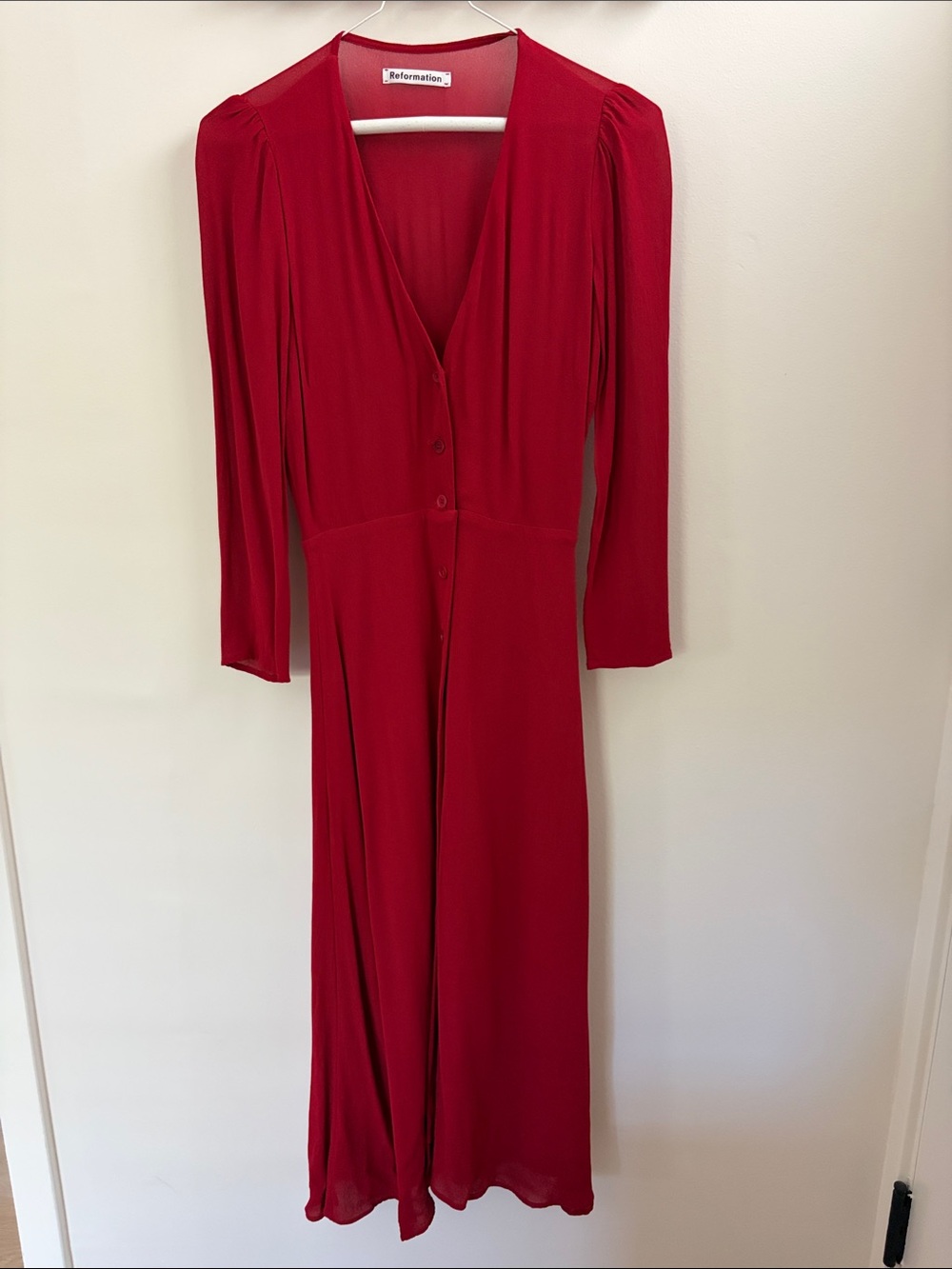 Reformation Red V-Neck Button-Front Long Sleeve Midi Dress